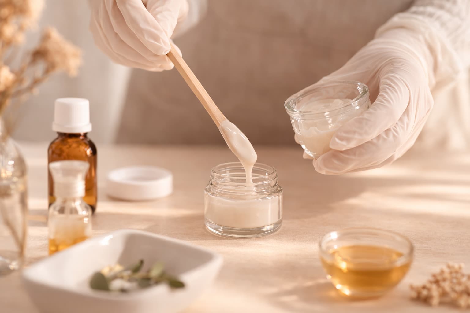 Hände mit Handschuhen füllen handgemachte Creme mit einem Spatel in einen Glastiegel – GMP-konforme Herstellung