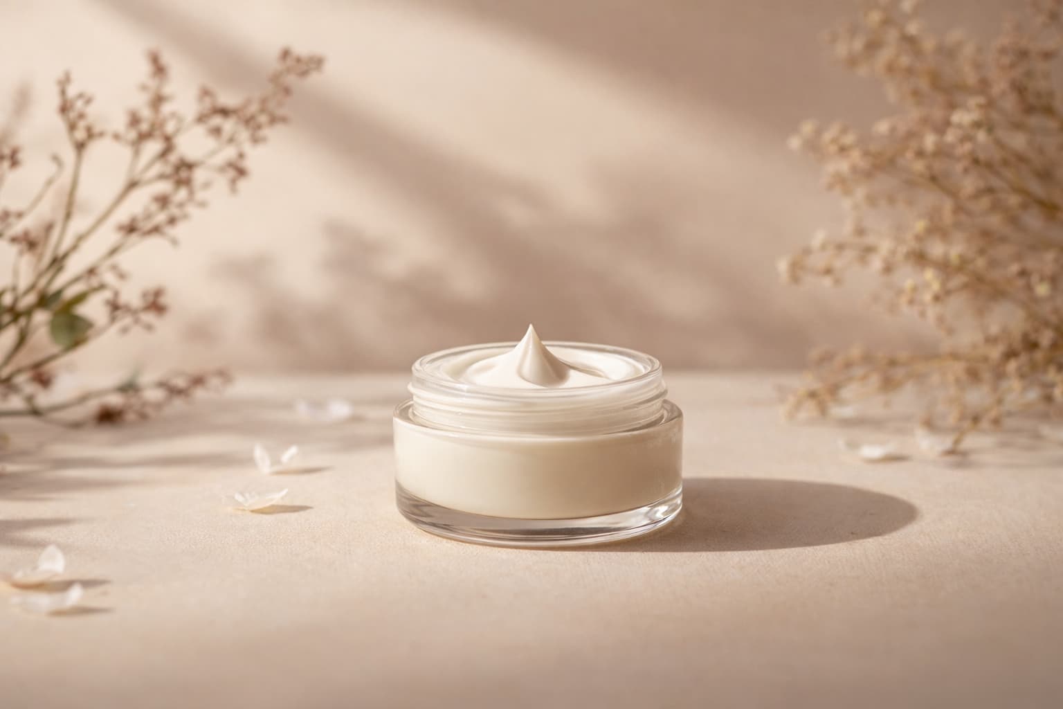 Eleganter Glastiegel mit handgemachter Creme und Trockenblumen – Creme selber herstellen und verkaufen