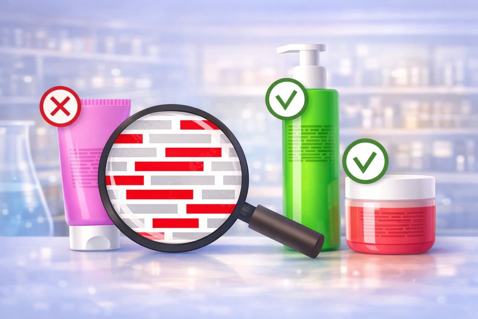 INCI-Liste erstellen — Lupe prüft Inhaltsstoffe auf Kosmetikverpackungen mit Häkchen und Kreuz für korrekte und fehlerhafte Deklaration