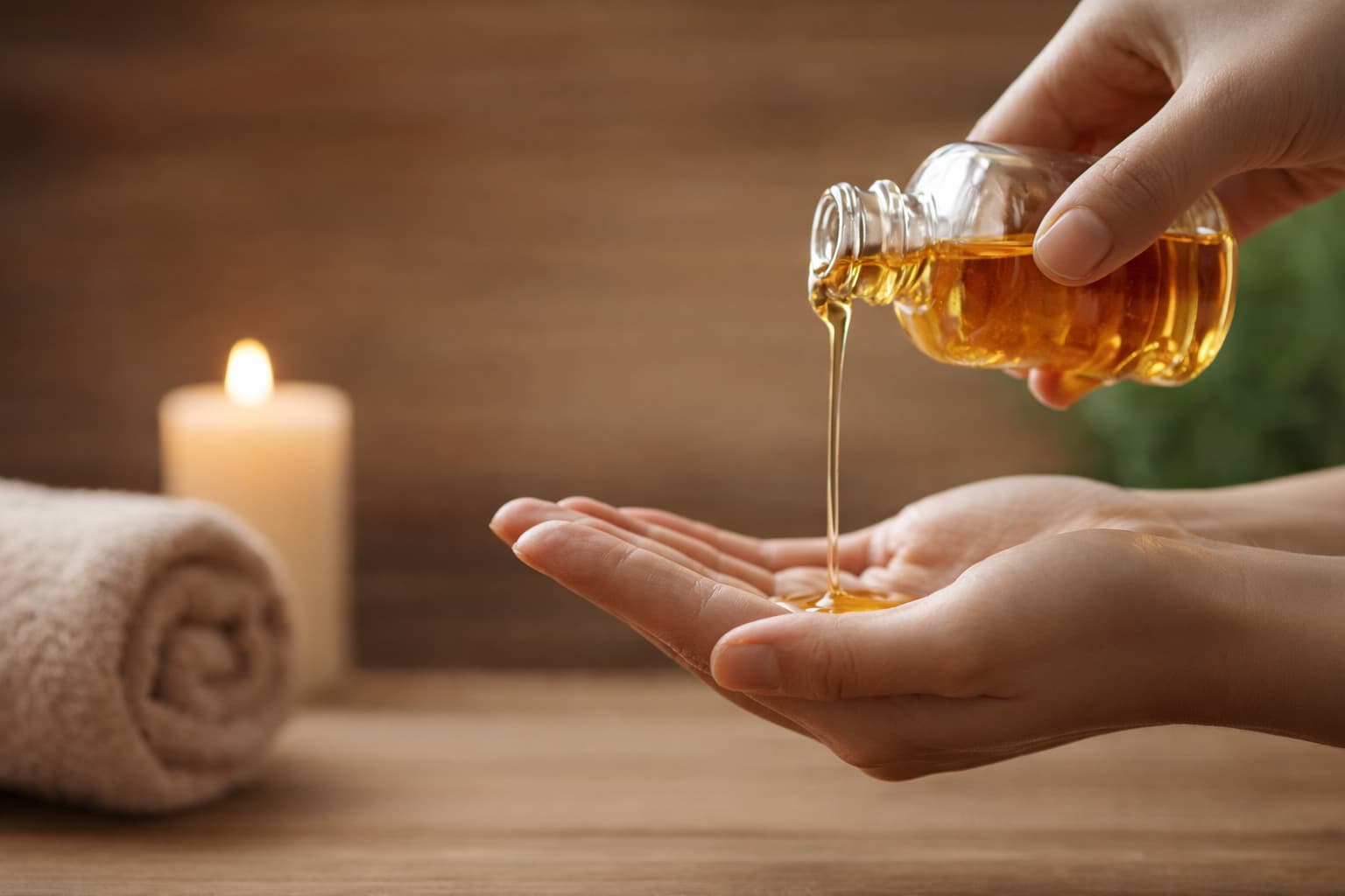 Goldenes Körperöl wird aus Glasflasche in geöffnete Hand gegossen – Körperöle als einfache Kosmetikprodukte herstellen