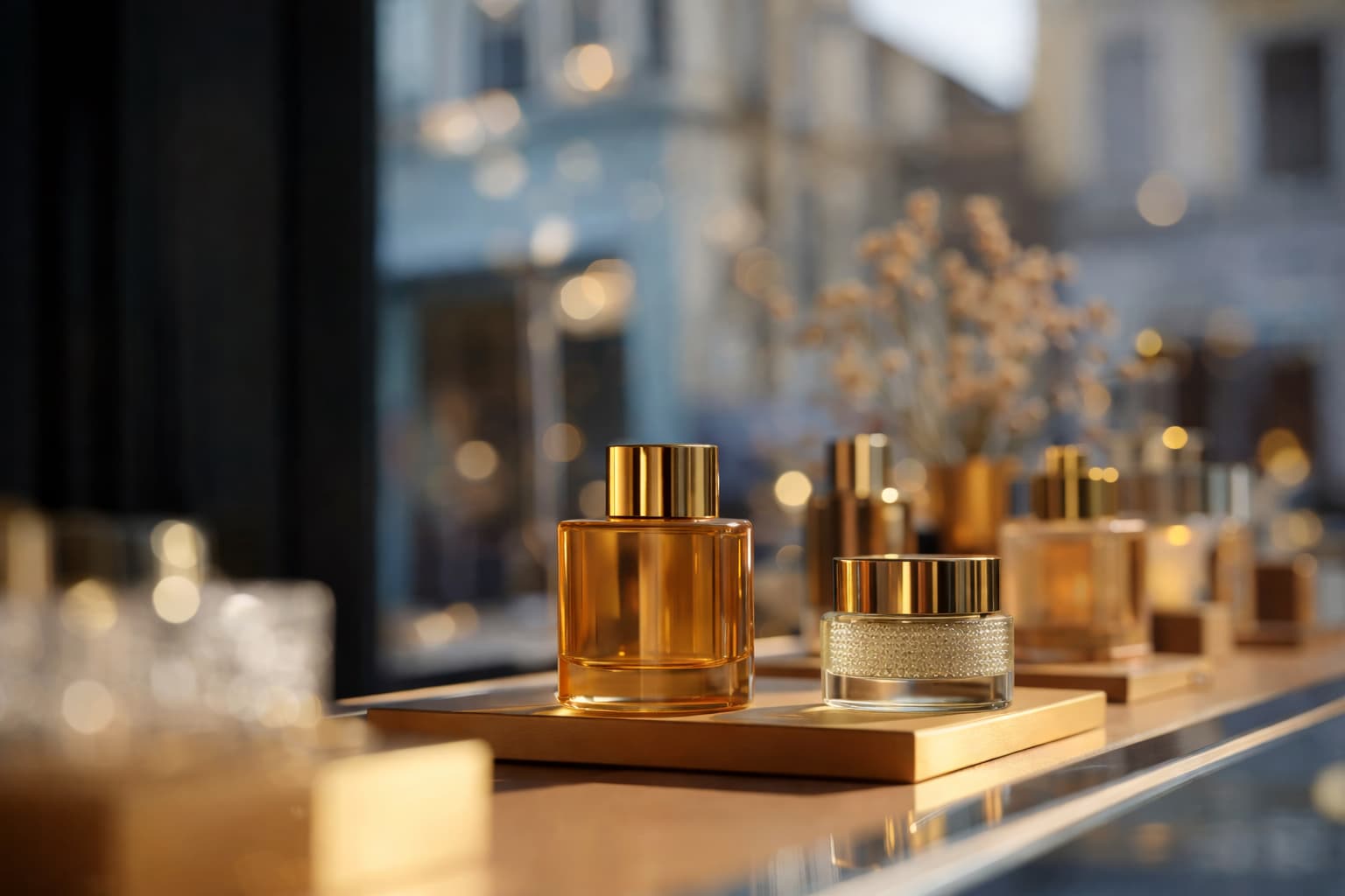 Premium-Kosmetikprodukte in goldenem Licht in einem Schaufenster mit Bokeh-Hintergrund – Vertriebskanäle für eigene Kosmetikmarke