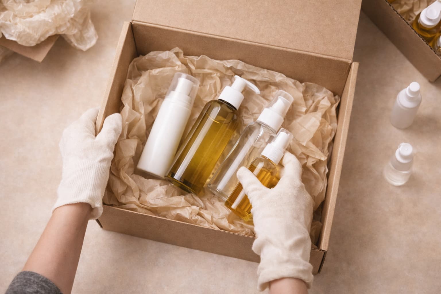 Hände mit weißen Handschuhen verpacken Kosmetikflaschen in Versandkarton – GMP-konforme Herstellung im Kosmetik-Heimgewerbe