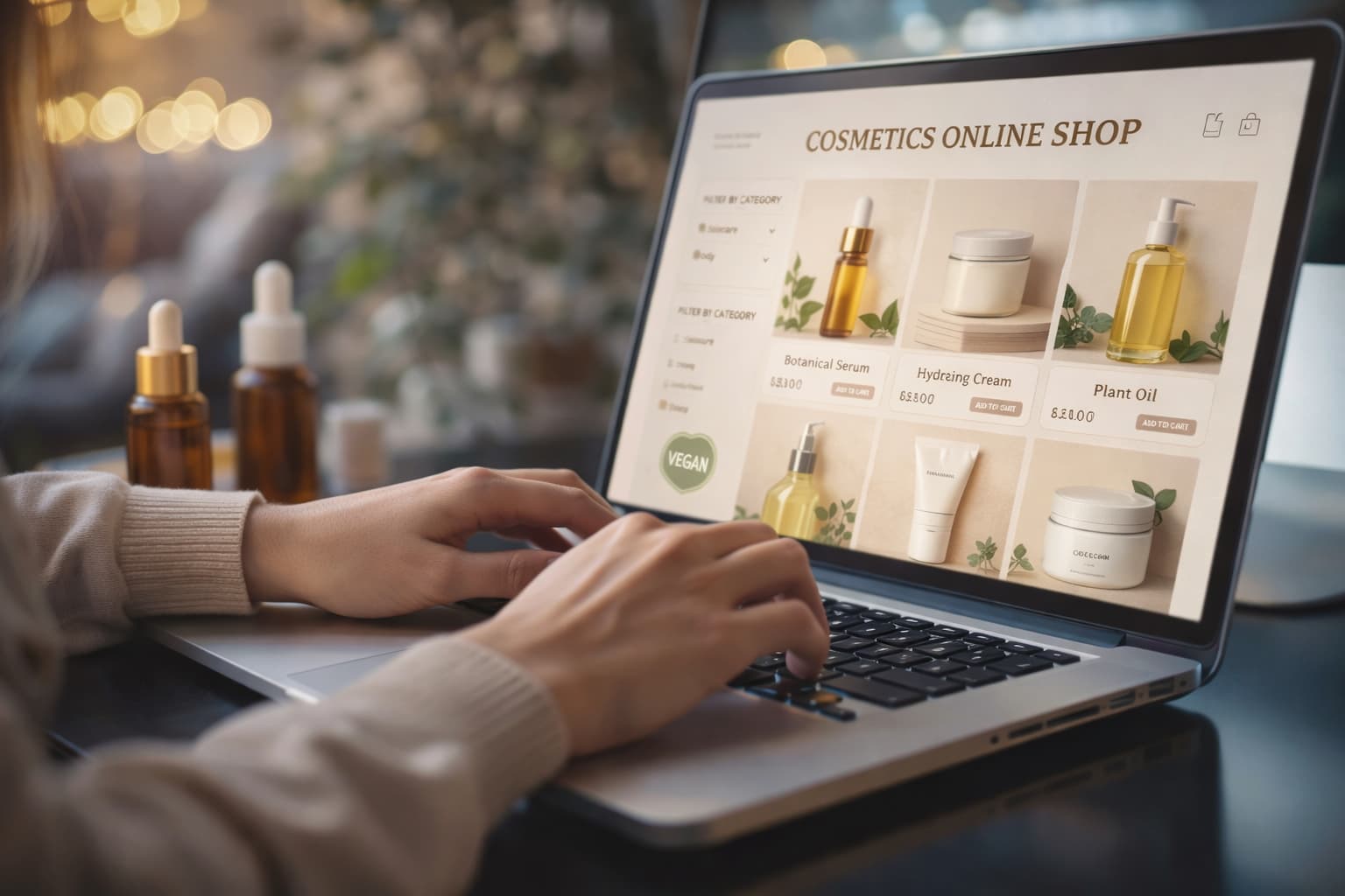 Laptop zeigt Kosmetik-Online-Shop mit Produkten – Kosmetik Online-Shop eröffnen für Kleinproduzenten