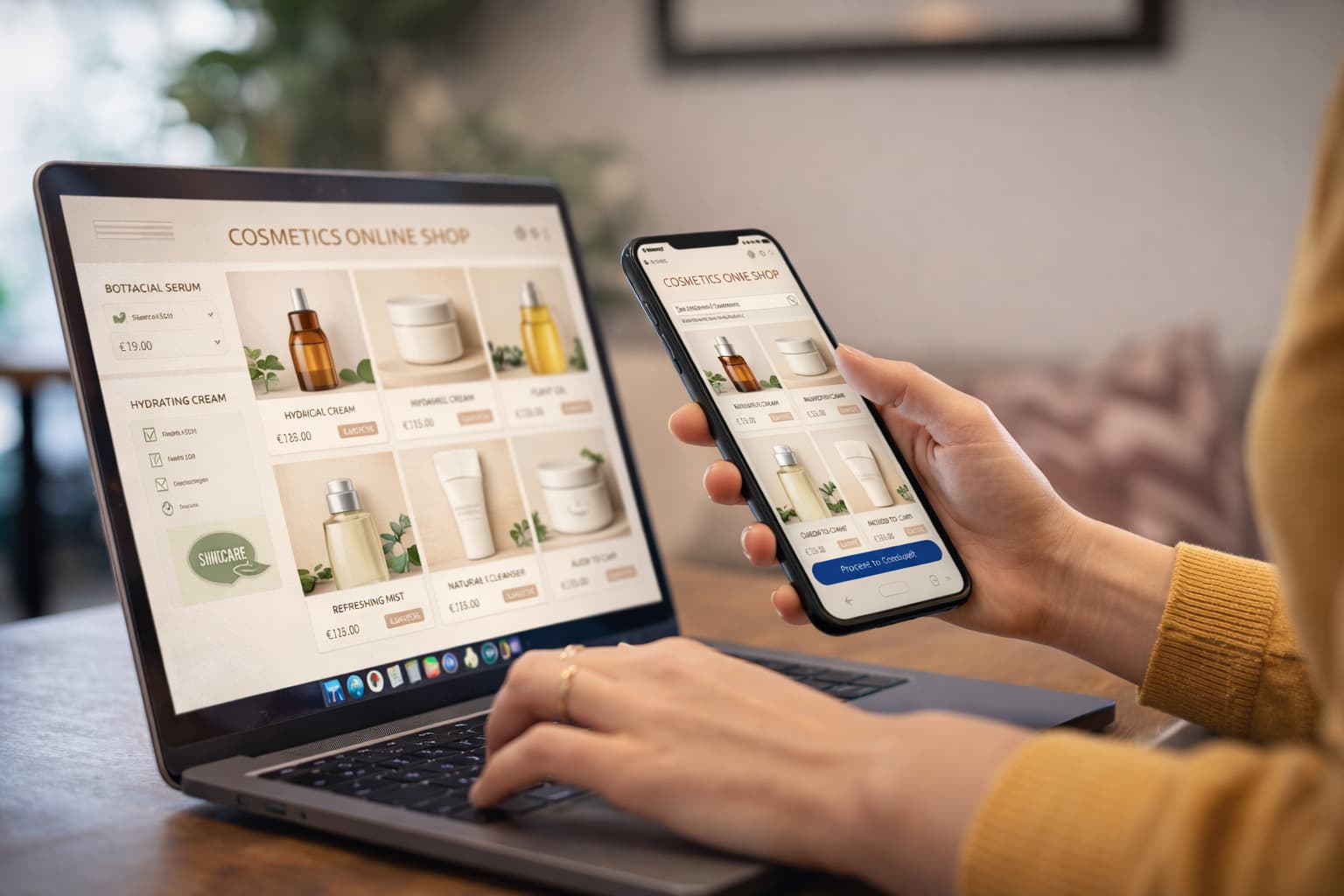 Laptop und Smartphone zeigen einen Kosmetik-Online-Shop auf verschiedenen Geräten – Plattform-Vergleich für handgemachte Kosmetik