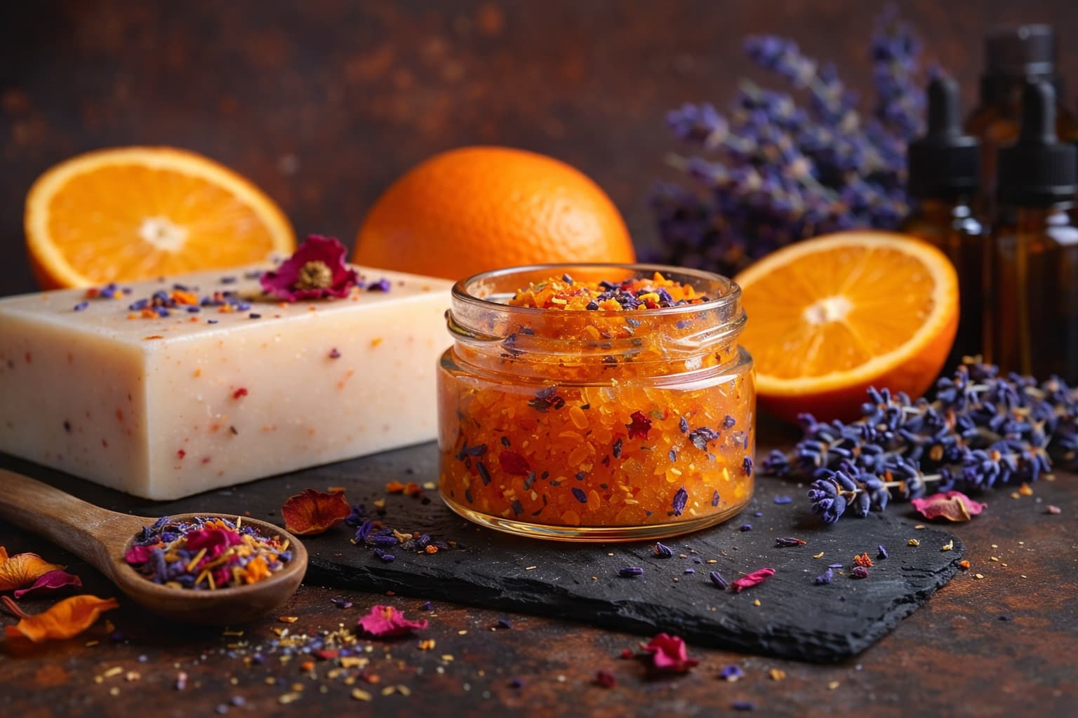 Handgemachtes Orangensalz-Peeling, Naturseife und ätherische Öle mit Lavendel – kosmetische Rohstoffe für die INCI-Liste