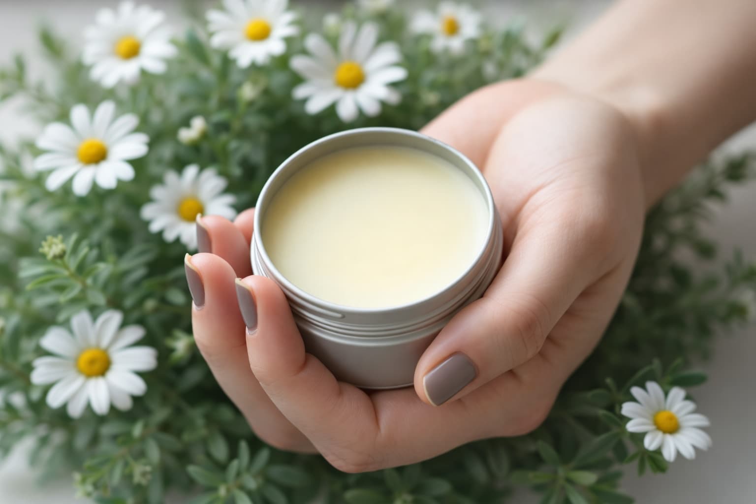Hände halten geöffnete Dose mit cremigem Lippenbalsam vor Kamillenpflanzen – Lippenpflege selber machen und verkaufen