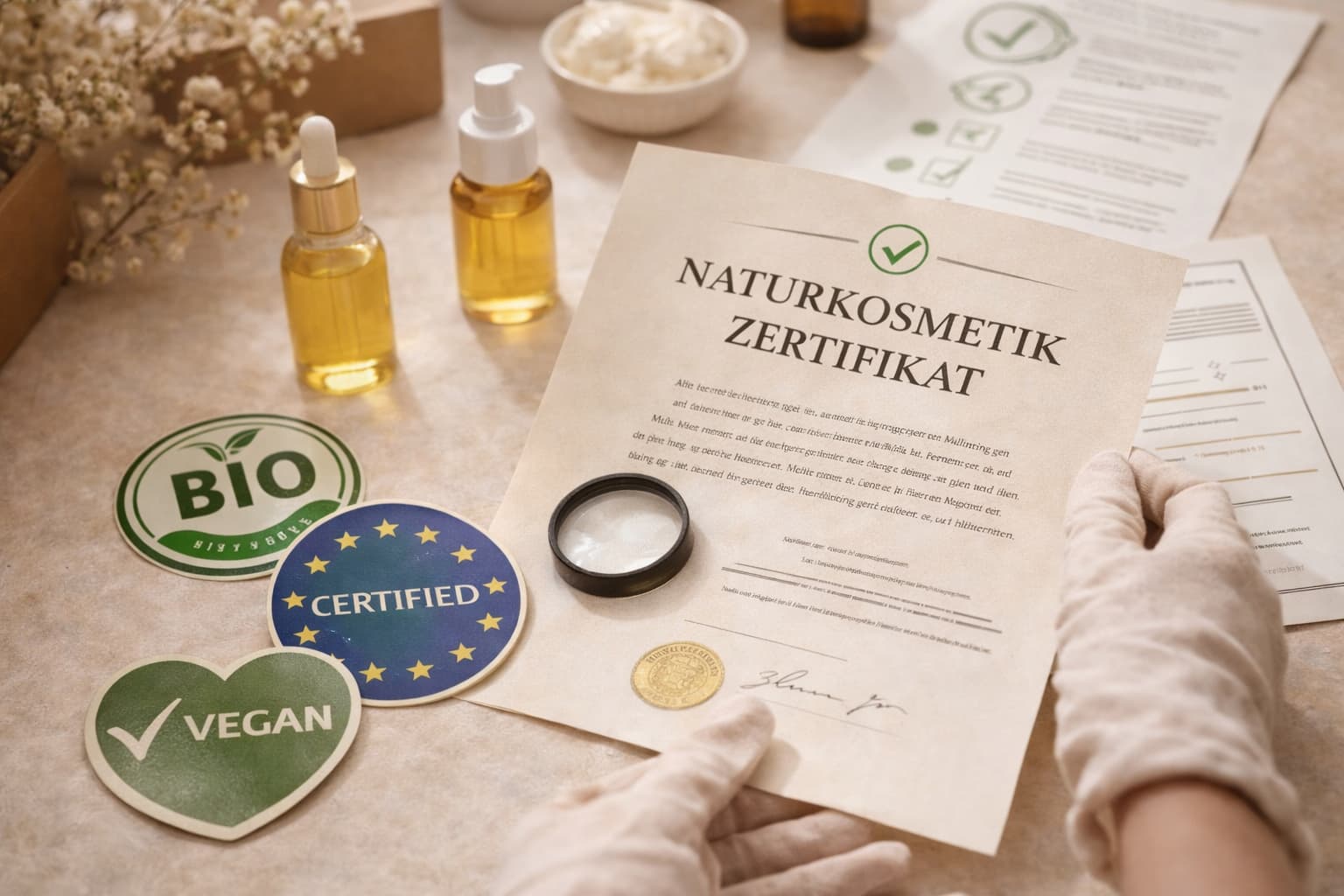 Hände halten Naturkosmetik-Zertifikat mit Bio-, Certified- und Vegan-Siegeln – Naturkosmetik Zertifizierung im Vergleich