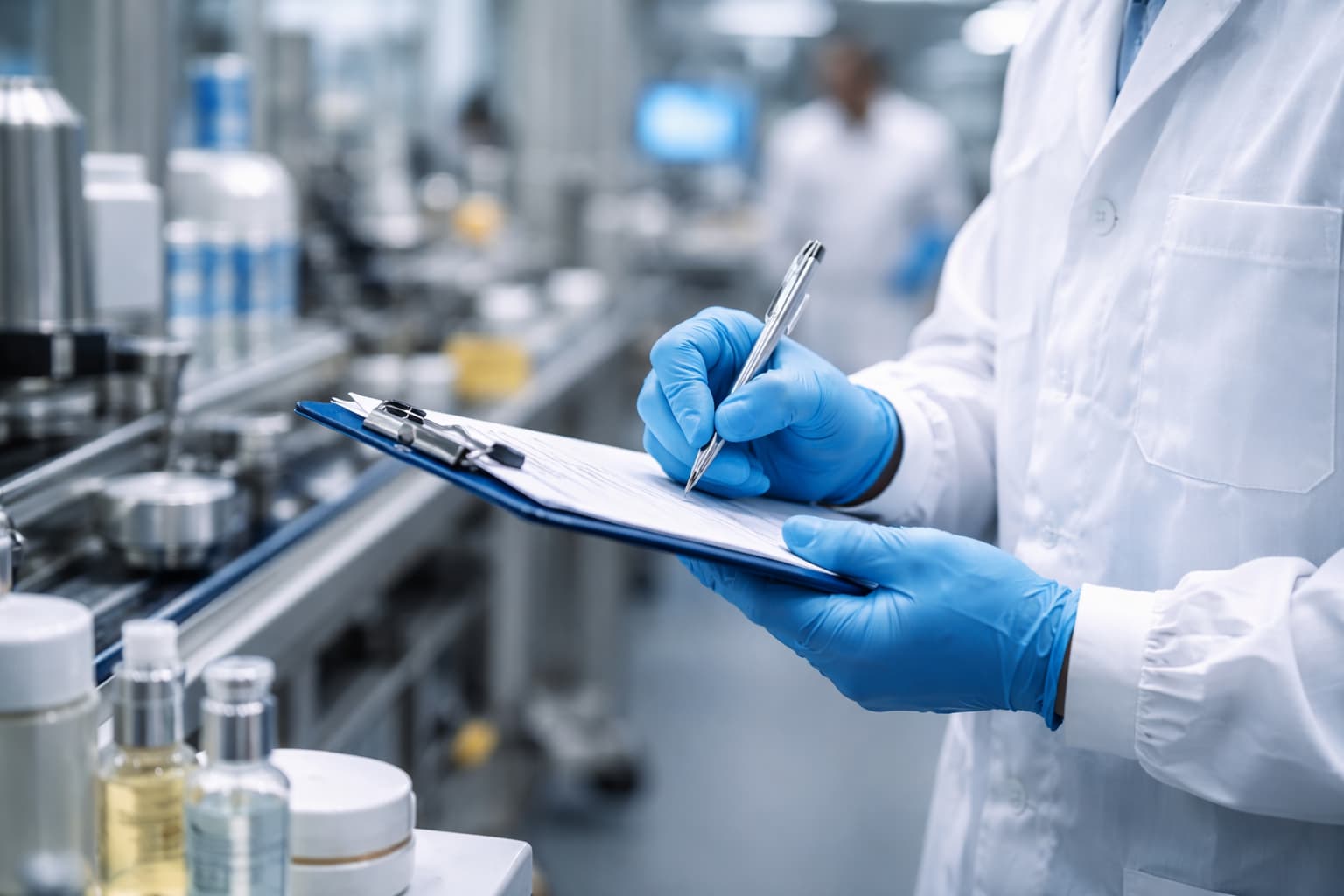 Checking CPNP documentation β a quality controller recording production data on a clipboard in cosmetics manufacturing
