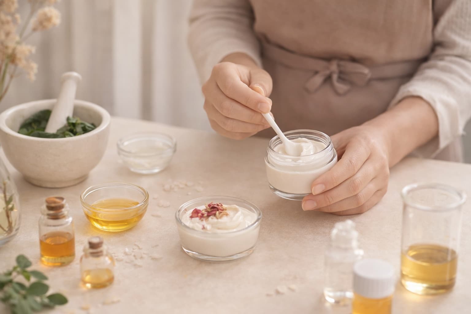 Woman stirring cream, surrounded by oils, herbs and jars — make and sell your own cream