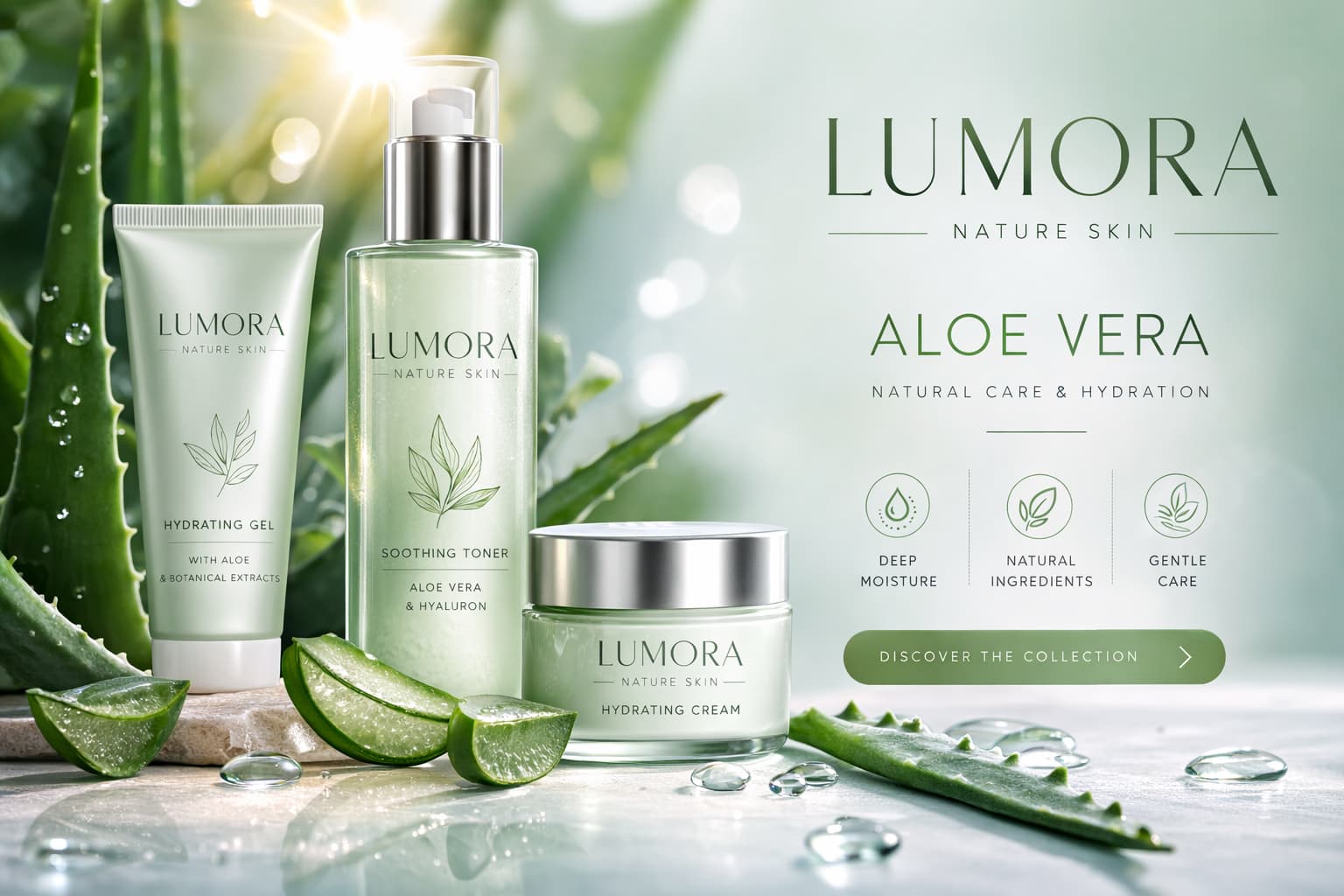 Green aloe vera natural cosmetics line with three products and brand icons — starting your own cosmetics brand from idea to finished brand