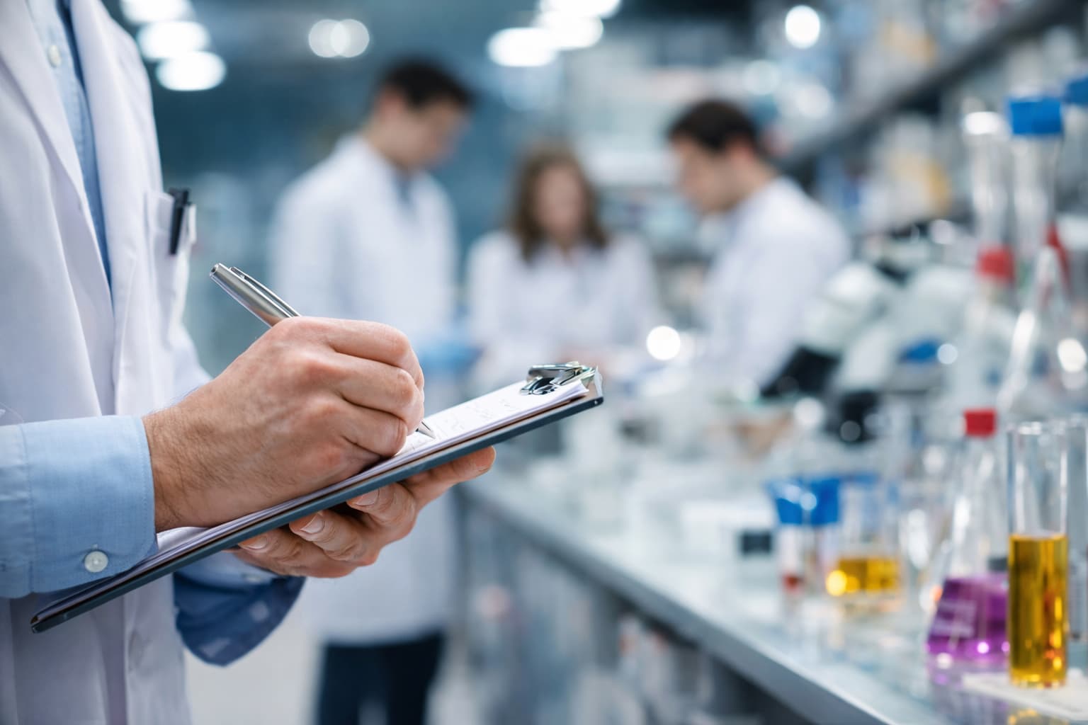 GMP audit in cosmetics production β quality inspector documents test results on a clipboard in the laboratory with the lab team in the background