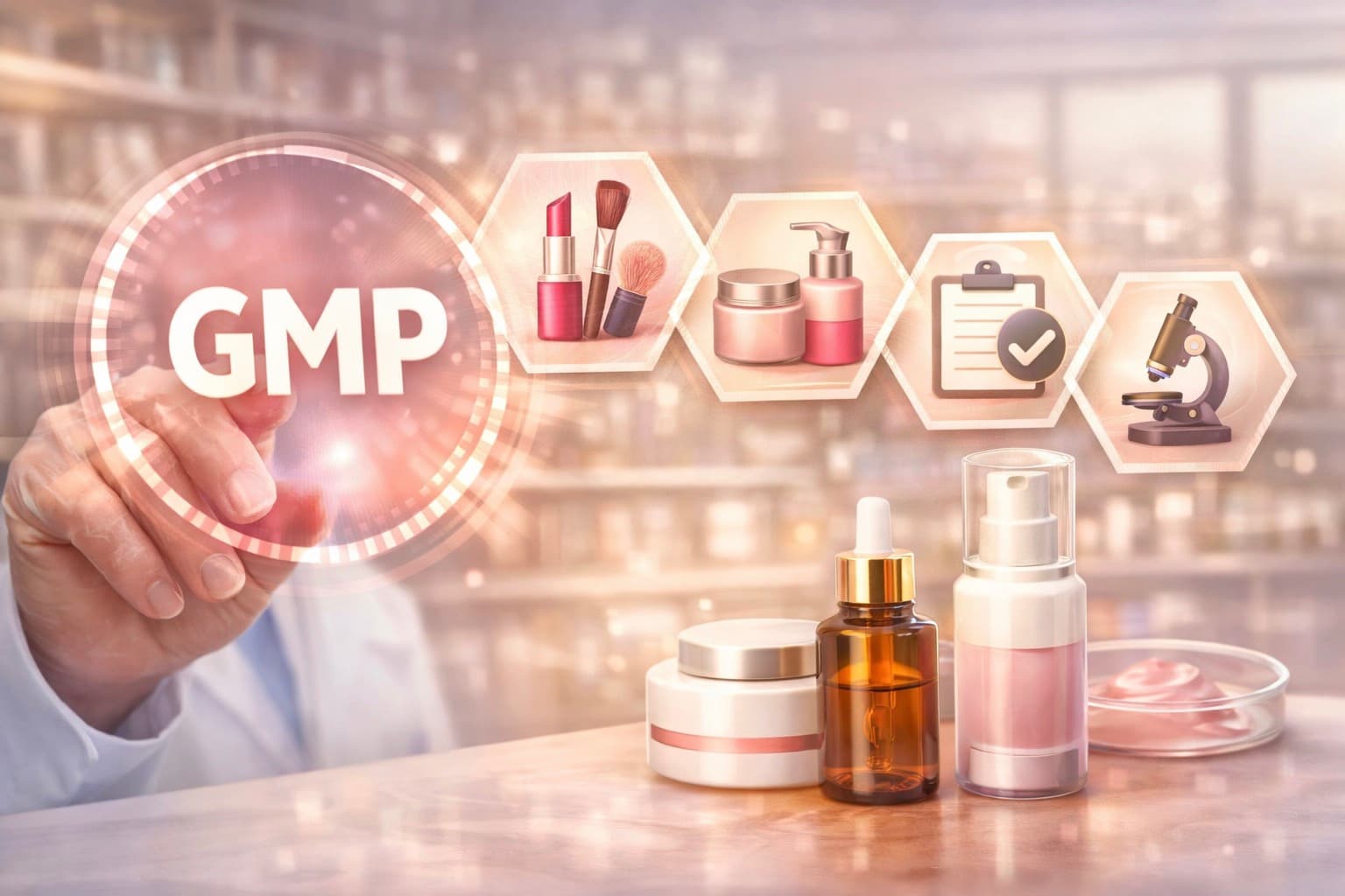 GMP for cosmetics under ISO 22716 β hand tapping a GMP symbol surrounded by cosmetics, quality control and laboratory icons