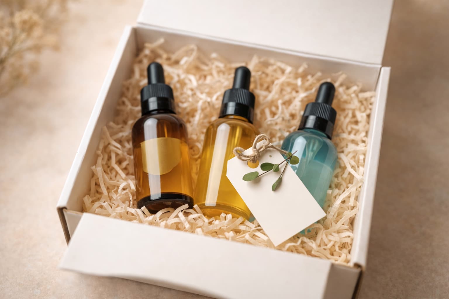 Three dropper bottles of natural cosmetics in a gift box – sale-ready products from a home-based cosmetics business