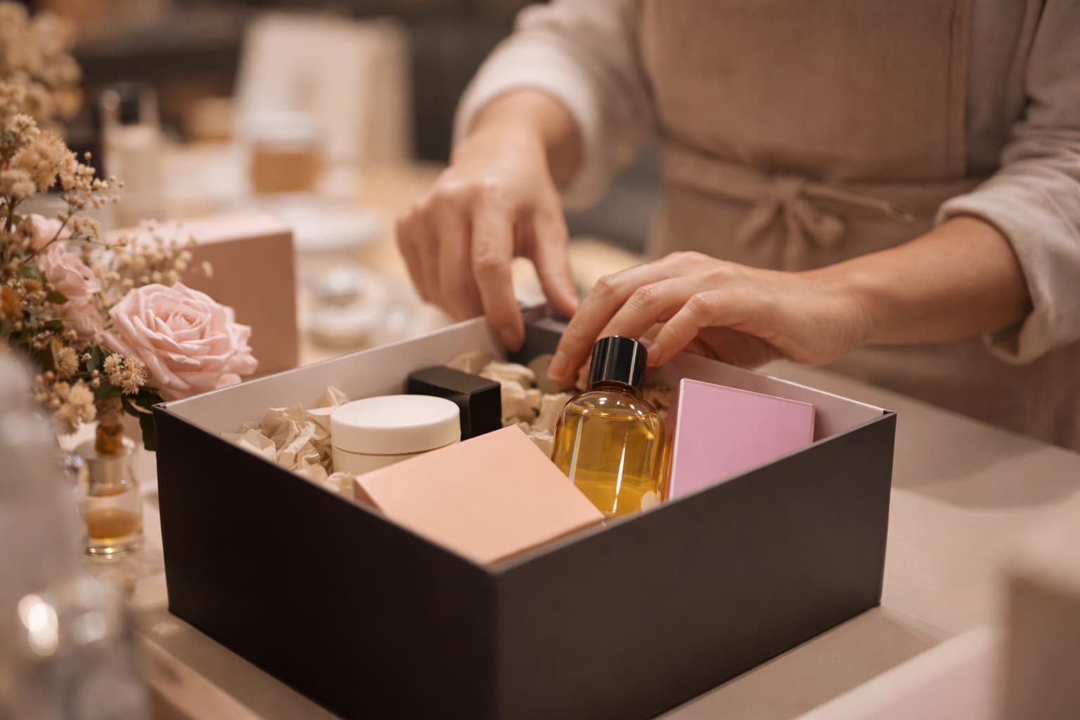 Woman packing handmade cosmetic products into an elegant gift box – starting a home-based cosmetics business