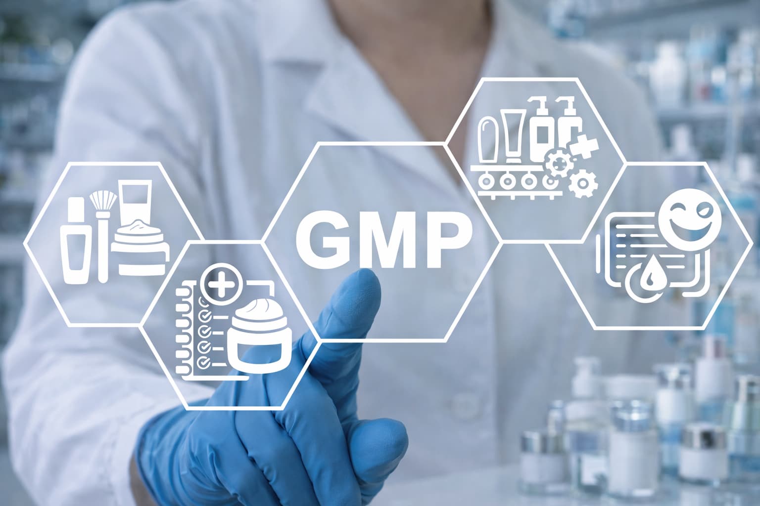 Cosmetics GMP under ISO 22716 β lab technician points at a GMP infographic with icons for quality control, production and documentation in a cosmetics laboratory