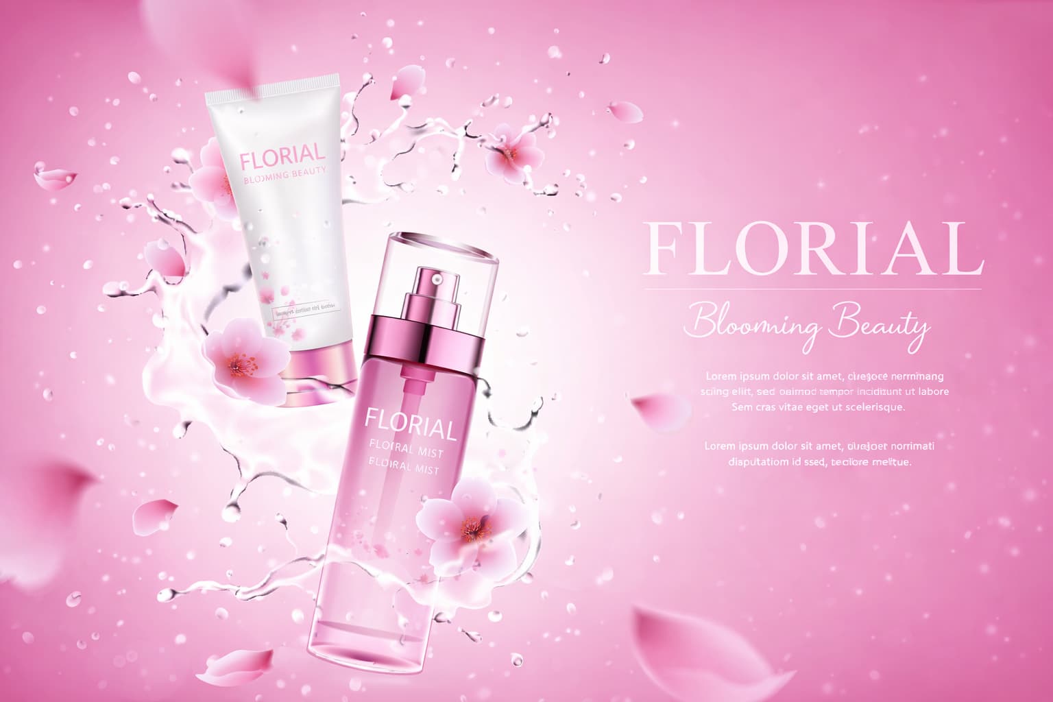 Pink cosmetics products with cherry-blossom design and consistent feminine branding – packaging design for your own cosmetics brand