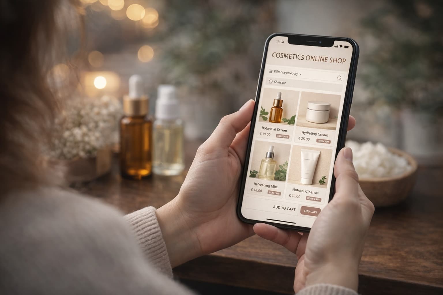 A smartphone in hand showing a cosmetics online shop with products and prices – mobile marketing for handmade cosmetics