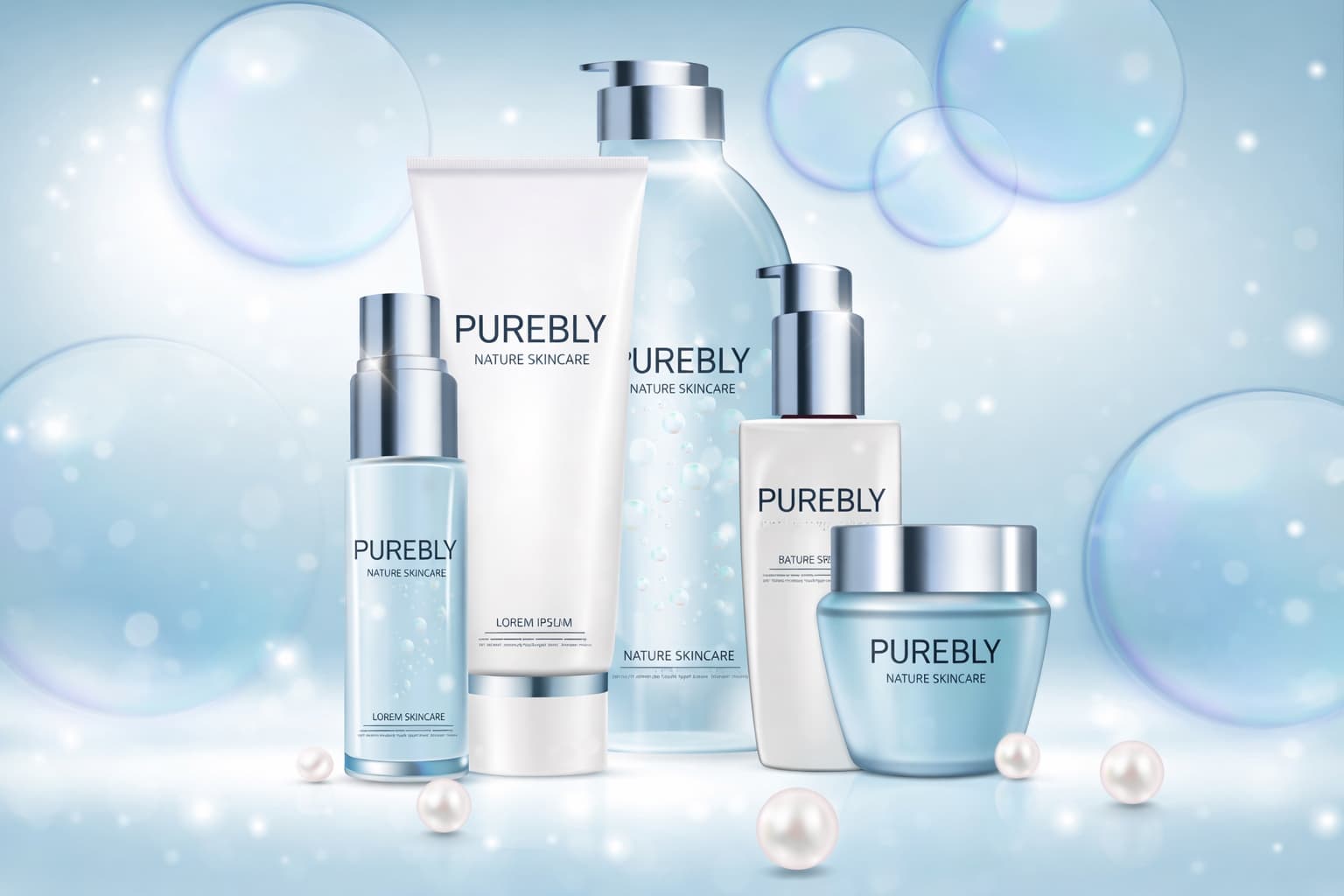Blue skincare product line with five products and a consistent brand design – creating your own cosmetics line with consistent branding