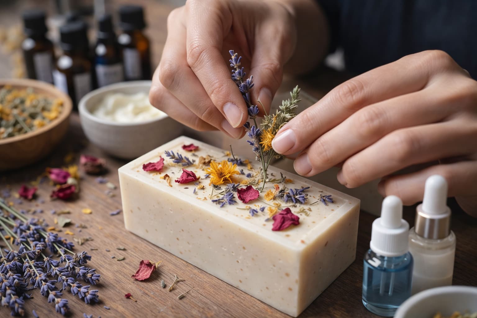 Handmade natural soap being decorated with dried flowers and essential oils β homemade cosmetics for sale
