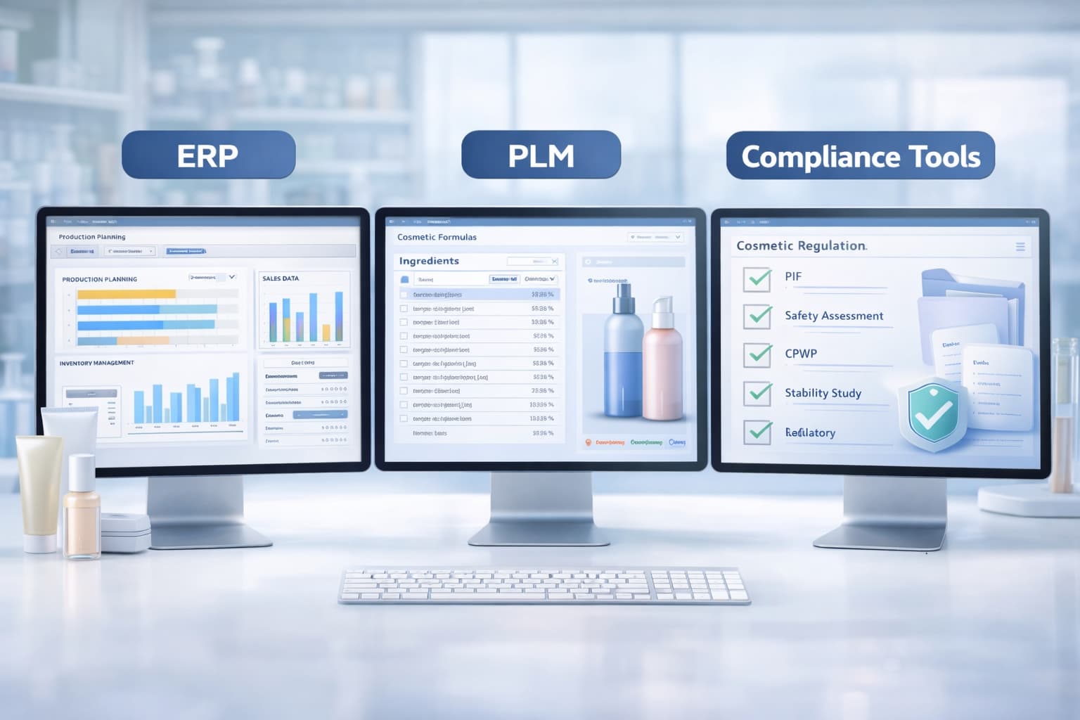 Cosmetics software compared — three monitors showing ERP, PLM and compliance tools for cosmetics manufacturers