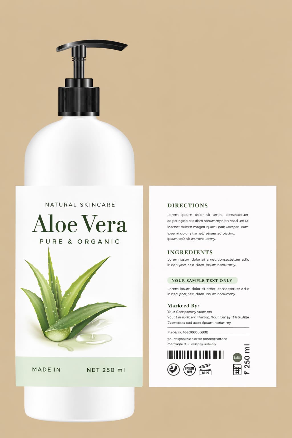 Cosmetic bottle with an unrolled label showing all mandatory details – Directions, Ingredients, manufacturer information and symbols