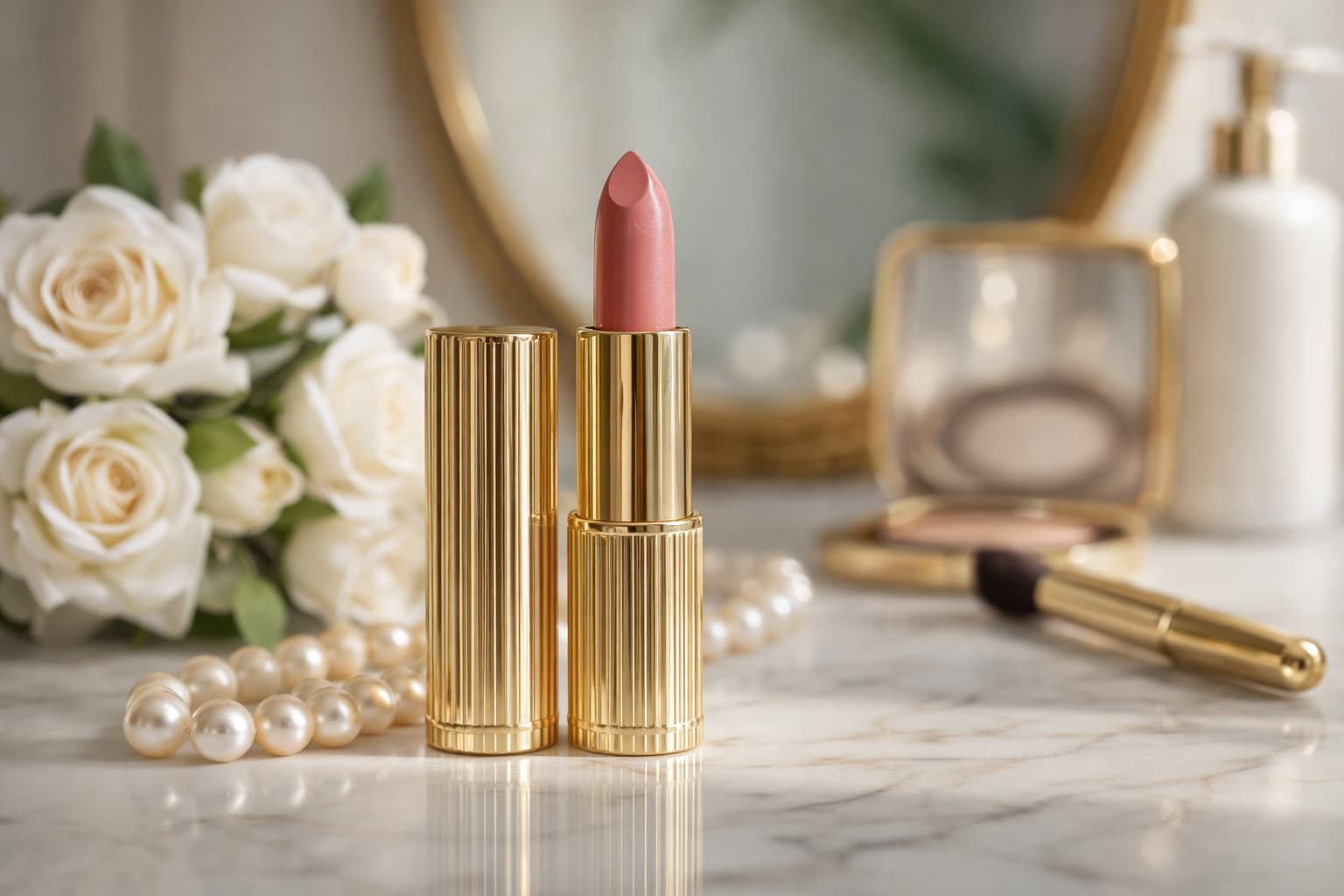 An elegant lipstick in a golden case on marble with roses – building professional cosmetic products into a business