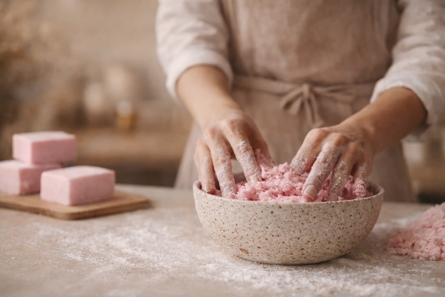 Hands mixing pink bath salt in a ceramic bowl – producing to certification-ready standards even without a label