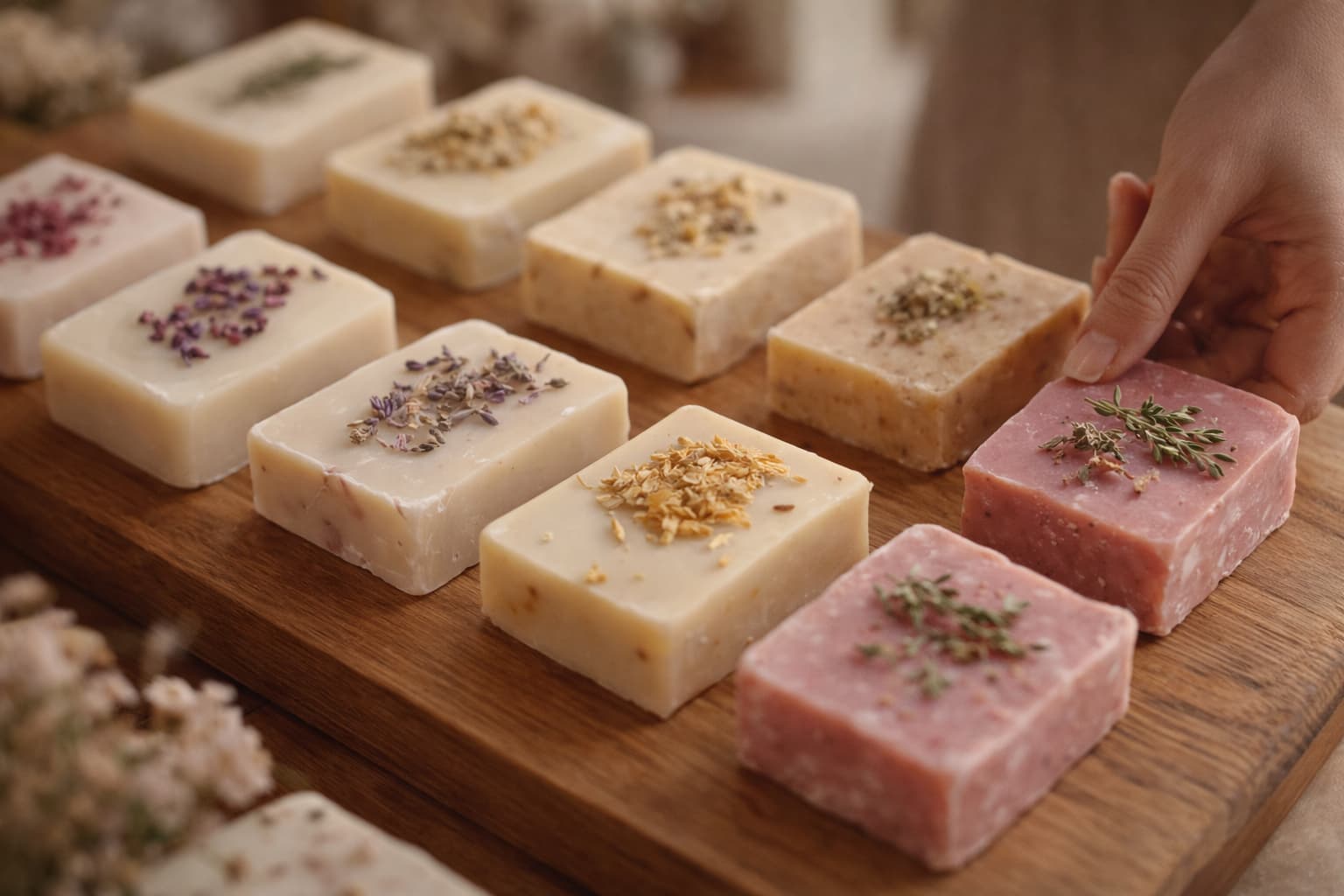 Handmade natural soaps with dried herbs on a wooden board – selling natural cosmetics without a label