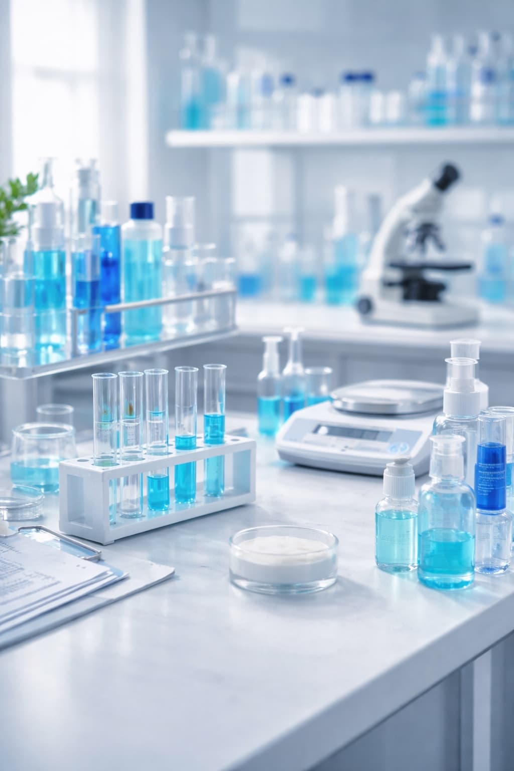Creating a PIF β cosmetics laboratory with test tubes and a balance for the Product Information File under EU Cosmetics Regulation 1223/2009
