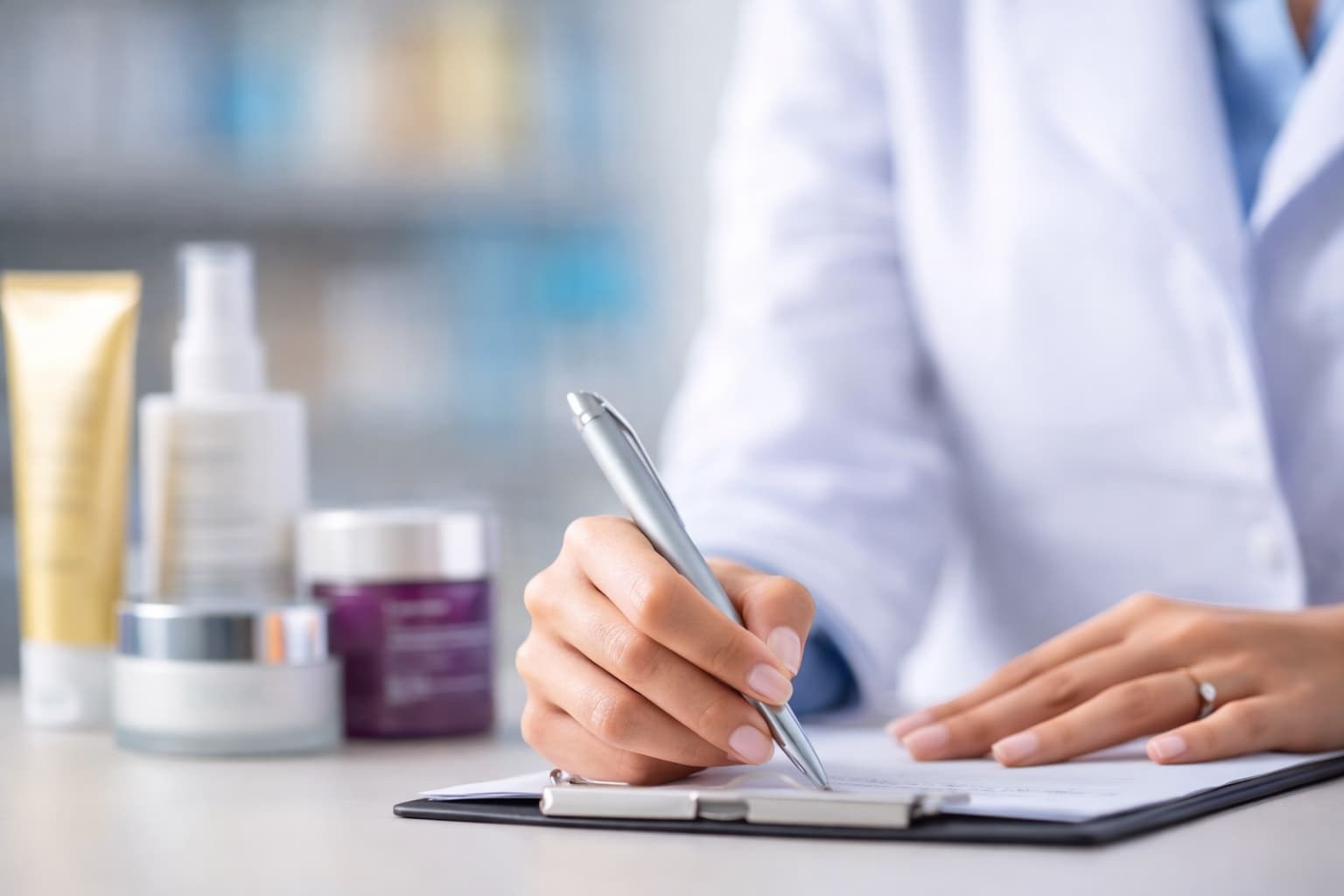Cosmetic safety assessment — lab technician checking cosmetic products with a clipboard for a CPSR under EU Regulation 1223/2009