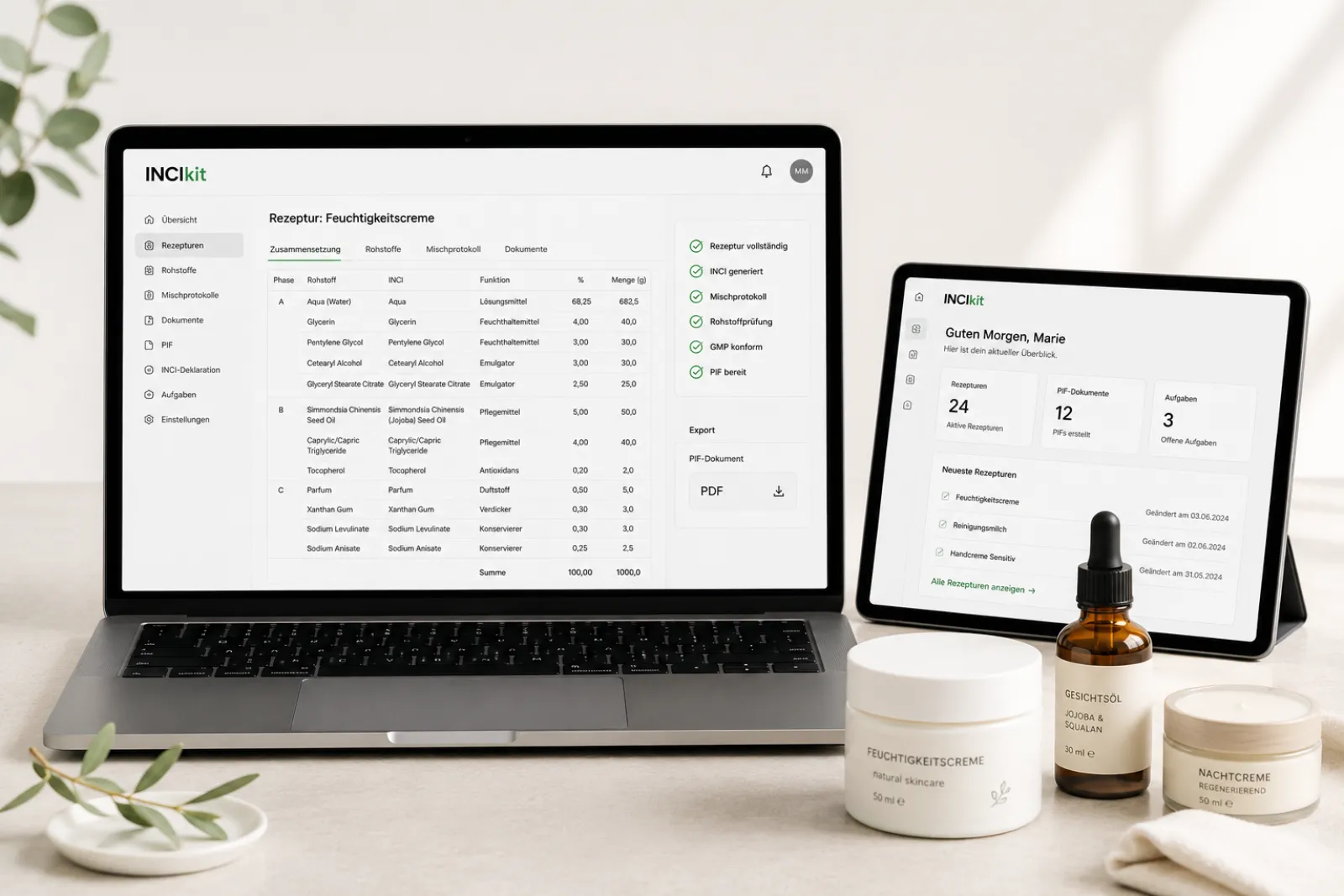 INCIkit – Kosmetik-Rezeptur-Software auf Laptop und Tablet