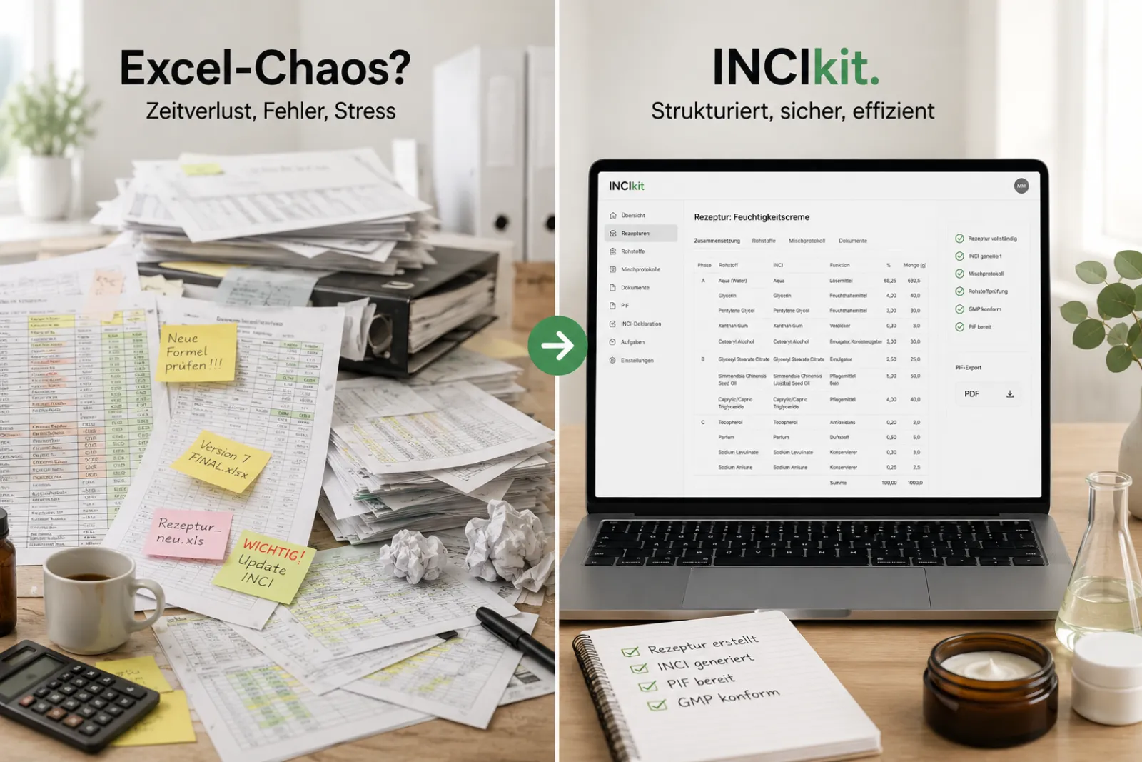 Vergleich: Excel-Chaos gegenüber der strukturierten INCIkit-Oberfläche
