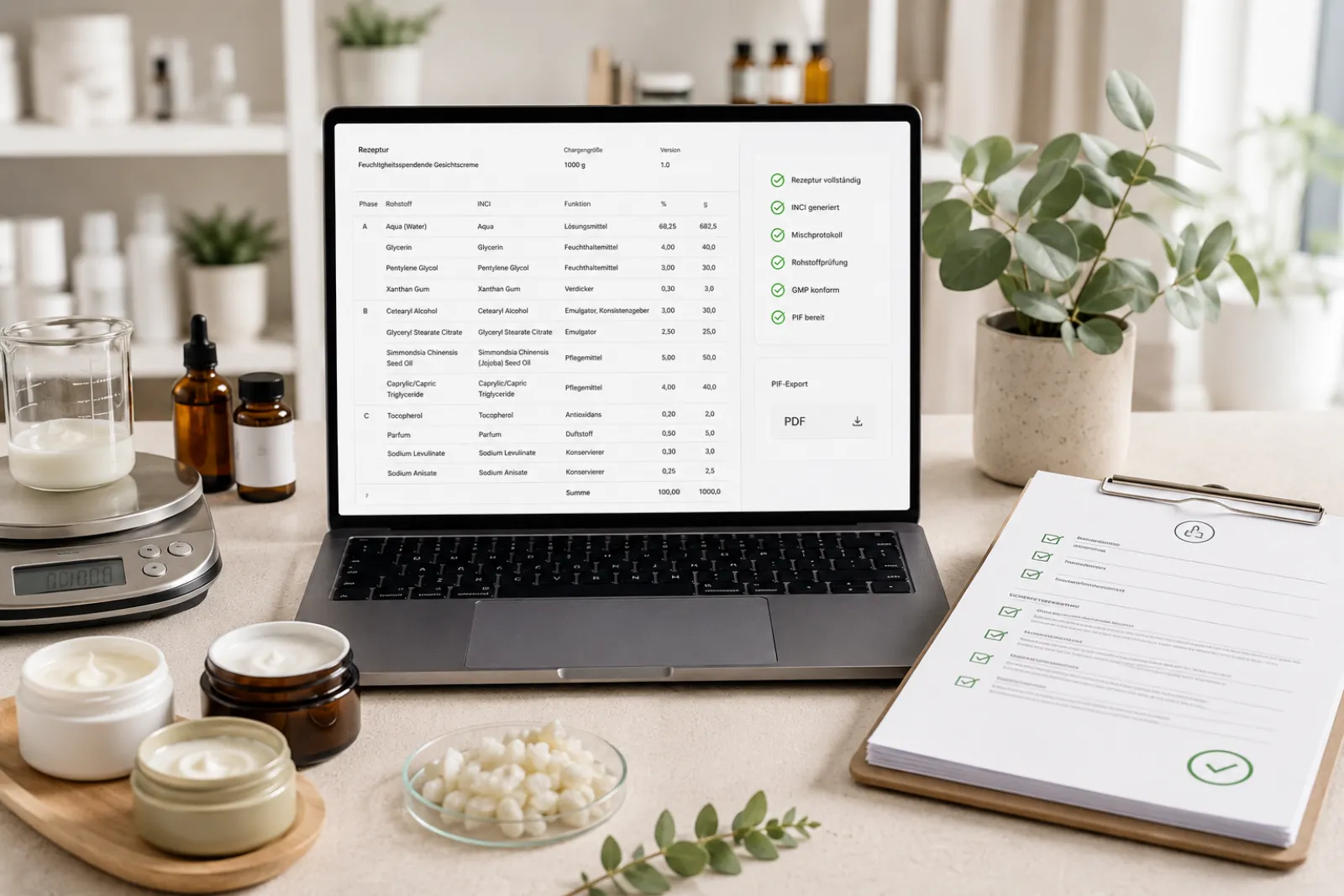 INCIkit-Rezeptur mit Zusammensetzung, GMP-Check und PIF-Export