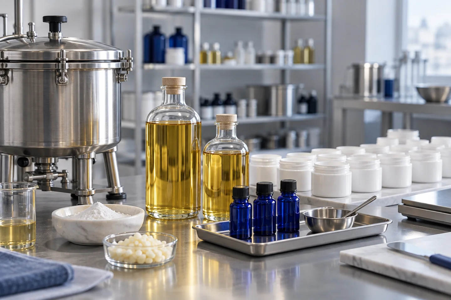 Vorbereitete Rohstoffe und Kosmetikverpackungen für eine geplante Produktion